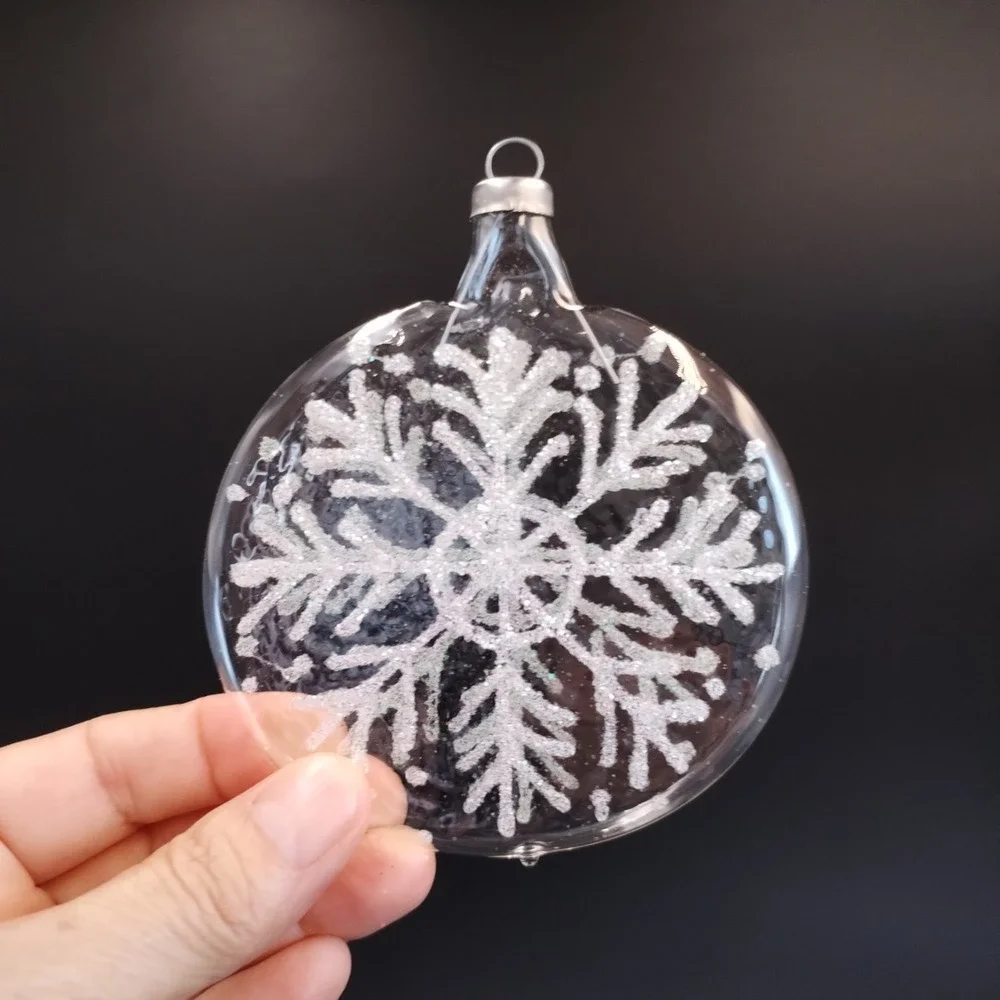 Set of 4 Handblown Glass Snowflake Ornaments Michoacan Mexico Clear Disc Flat